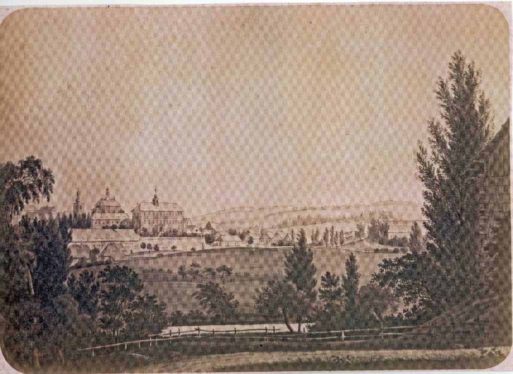 07_008.jpg - Pohled na Kyšperk od Kunčic kolem roku 1850. Malovala Amálie Mánesová