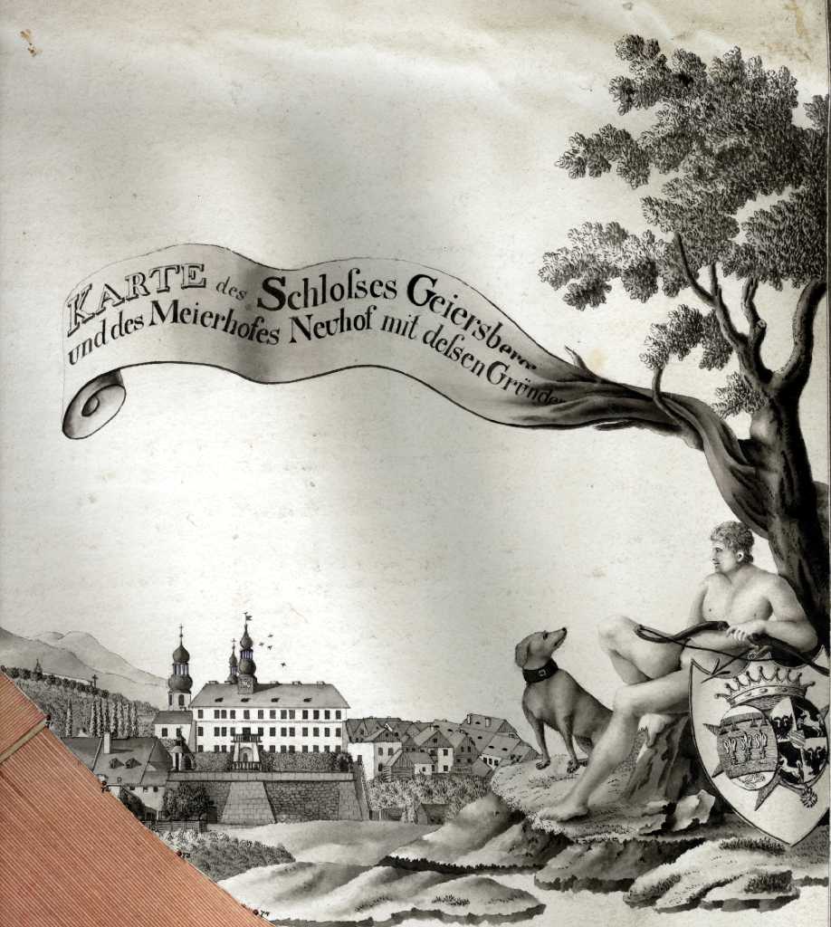 07_010.jpg - Pohled na Kyšperk z roku 1820. Výřez z mapy dvorských pozemků. Je patrná již ubouraná věž zámku a dosud stojící domy čp. 78 a 79 vedle zámku