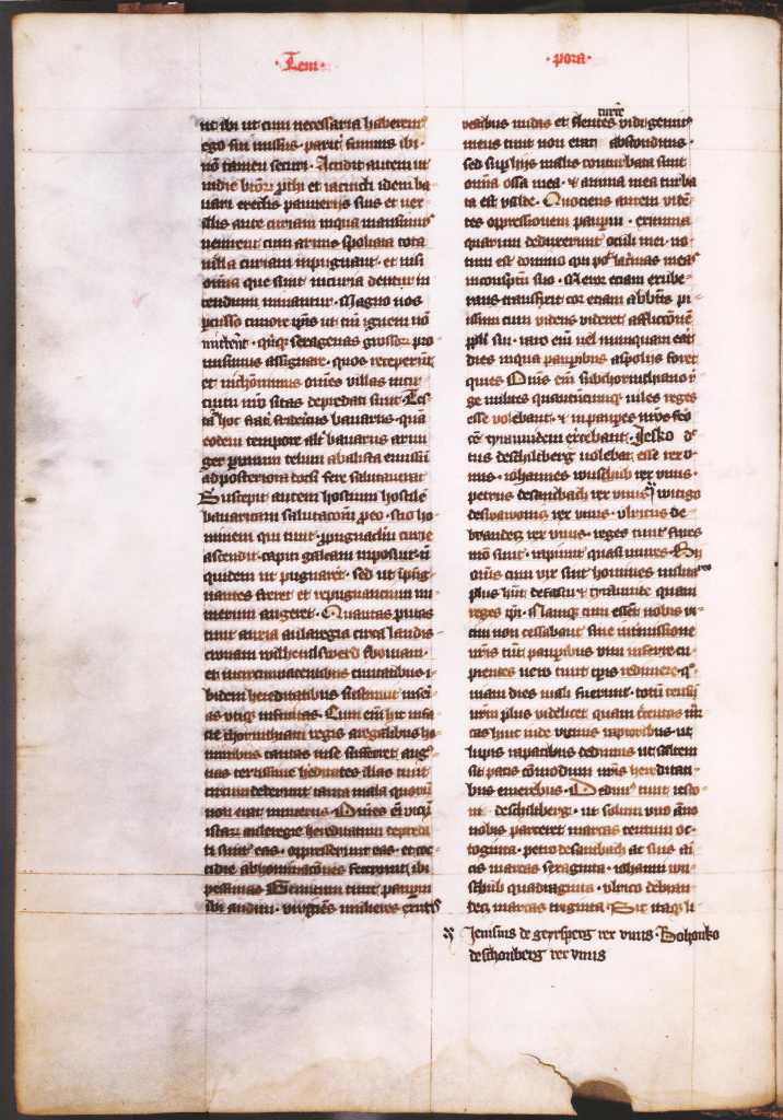 01_002.jpg - Strana Zbraslavské kroniky s uvedením jména Jenisius de Geyrsperg k roku 1308 (vsuvka pod textem)