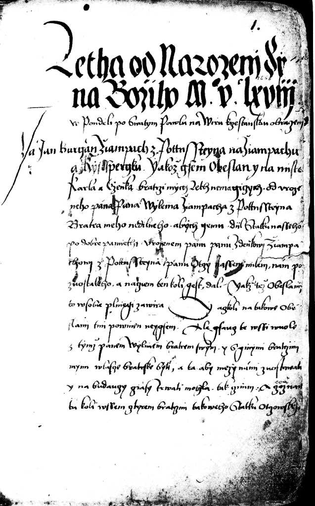 02_001.jpg - Titulní strana z Dílčího listu panství Žampach z roku 1568, kterým vzniklo samostatné panství Kyšperské