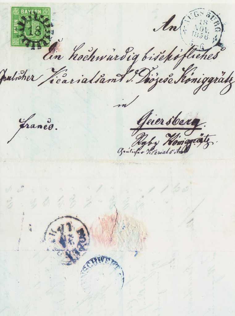 15_028.jpg - Dopis z Augsburgu v Bavorsku do Kyšperka a doručený přes poštu v Ústí nad Orlicí, listopad 1856, před zřízením pošty v Kyšperku