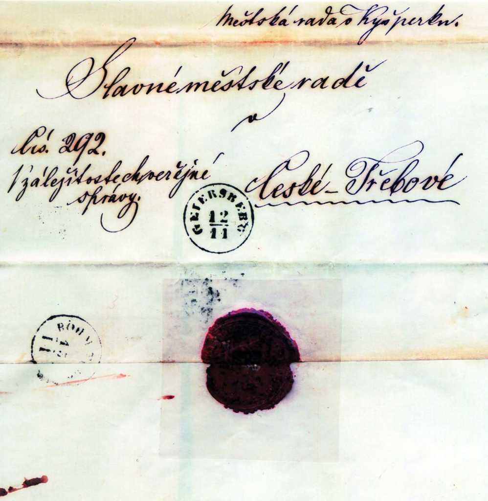 15_031.jpg - Dopis s jednokruhovým razítkem Kyšperk, na pečeti nápis "SIGEL D STADT GEIERSBERG + PEČEŤ MĚSTA SUPÍ HORY" 12.11.1866