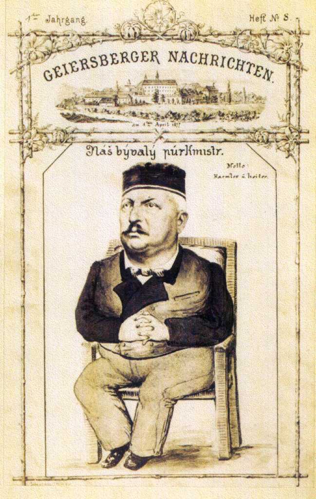 21_019.jpg - Titulní list novin Geiersberger Nachrichten s obrazem hostinského Adolfa Mazáče od Gebella, vydávaných v roce 1877 spolkem Beseda
